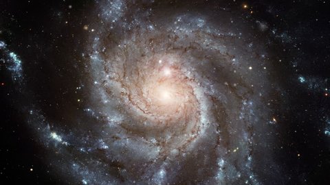 Pinwheel galaxy rotating in outer space, 3D animation with flying stars. Contains public domain image by NASA