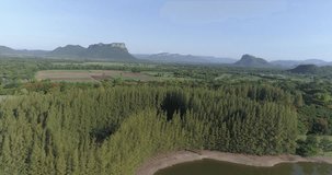 Beautiful natural scenery of river in Asia tropical green forest with mountains in background, aerial view drone shot - video in slow motion