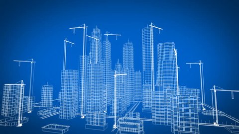 Beautiful 3d Blueprint of Contemporary Buildings with Cranes. Flying Over Growing City. Blue color 3d animation. Construction Business and Technology Concept. 