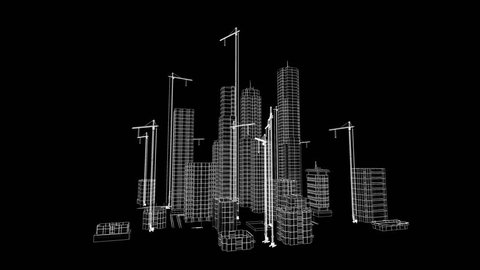 Flying Over Growing City. Beautiful 3d Blueprint of Contemporary Buildings with Cranes. White on Black 3d animation. Construction Business and Technology Concept. 