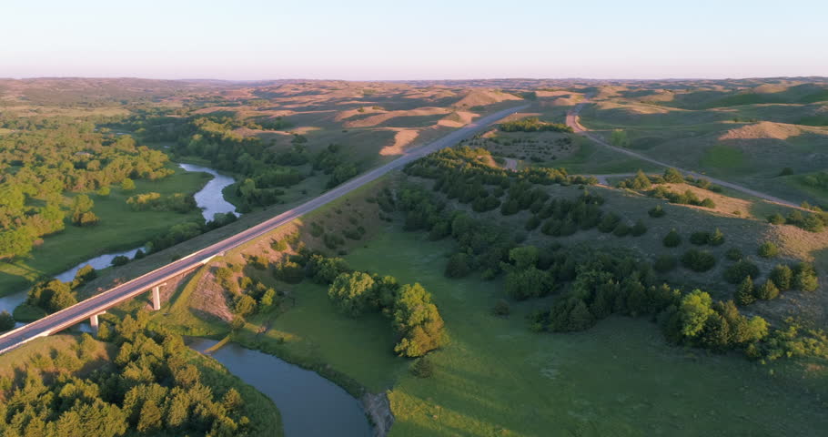 Aerial view of Dismal River in Nebraska Sandhills near Thedford, spring scenery at sunrise