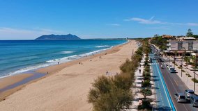 Panoramic sea landscape with Terracina, Lazio, Italy. Scenic resort town village with nice sand beach and clear blue water. Famous tourist destination in Riviera de Ulisse