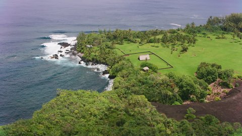 Maui, Hawaii circa-2018. Aerial view Kahanu Garden & Pi'ilanihale Heiau ancient ruins. Shot with Cineflex and RED Epic-W Helium.