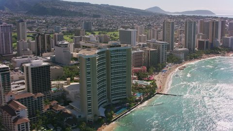Honolulu, Oahu, Hawaii circa-2018. Aerial view of Waikiki Beach. Shot with Cineflex and RED Epic-W Helium.