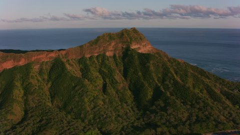 Honolulu, Oahu, Hawaii circa-2018. Aerial view of Diamond Head Crater. Shot with Cineflex and RED Epic-W Helium.