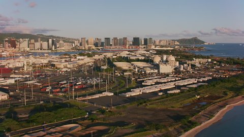 Honolulu, Oahu, Hawaii circa-2018. Aerial view of Honolulu Harbor industrial area. Shot with Cineflex and RED Epic-W Helium.