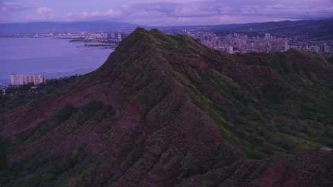Honolulu, Oahu, Hawaii circa-2018, Aerial reveal of Waikiki from Diamond Head Crater. 