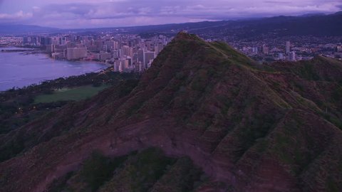 Honolulu, Oahu, Hawaii circa-2018, Aerial reveal of Waikiki from Diamond Head Crater. 