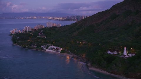 Waikiki, Oahu, Hawaii circa-2018, Aerial view of Diamond Head and Waikiki at dawn. Shot with Cineflex and RED Epic-W Helium.