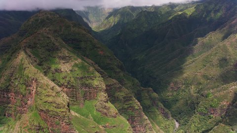 Kauai, Hawaii circa-2018, Aerial view of Kauai canyons. Shot with Cineflex and RED Epic-W Helium.