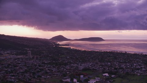 Honolulu, Oahu, Hawaii circa-2018, Aerial view of Maunalua Bay with Koko Crater in distance at sunset. Shot with Cineflex and RED Epic-W Helium.