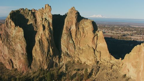 Oregon circa-2018. Aerial view of Smith Rock State Park. Shot from helicopter with Cineflex gimbal and RED Epic-W camera.