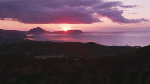 Honolulu, Oahu, Hawaii circa-2018, Aerial view of Diamond Head with Koko Head in distance at sunset. Shot with Cineflex and RED Epic-W Helium.