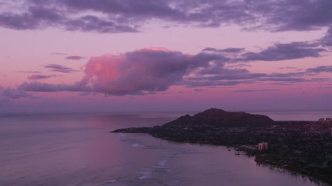 Honolulu, Oahu, Hawaii circa-2018. Beautiful sunset over Diamond Head Crater. Shot with Cineflex and RED Epic-W Helium.