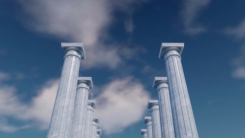 Low angle view of antique colonnade, classical ancient tuscan order white marble columns in a row against cloudy sky background. Abstract concept 3D animation rendered in 4K