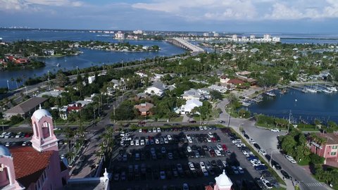 Drone Aerial view over Florida Tampa Bay The Don CeSar Hotel St. Pete Beach USA