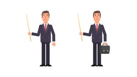 Businessman holding pointer and pointing. Holds suitcase. Alpha channel. Motion Graphics. Animation Video.