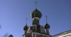 4K video footage view of medieval beautiful Pereslavl-Zalesskiy's central Red Square, Alexander Nevskiy's Church and area around it on Golden Ring Route 120 km from Moscow, Russia on summer morning