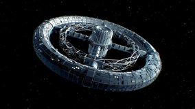 Circular space station. Giant sci-fi torus rotate on stars background, 3d animation. - Powered by Shutterstock - Get 15% off with code: PIKWIZARD15
