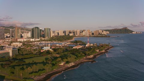 Honolulu, Oahu, Hawaii circa-2018. Flying towards Waikiki Beach with Diamond Head in distance. Shot with Cineflex and RED Epic-W Helium.