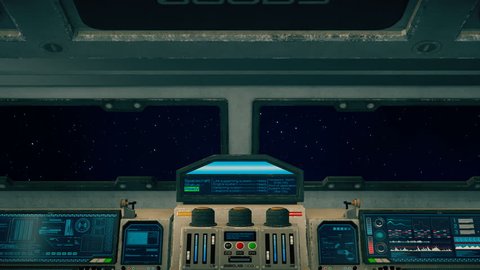 Spaceship cockpit interior, inside of rotating spacecraft cabin flying through space, 3D animated science fiction scene