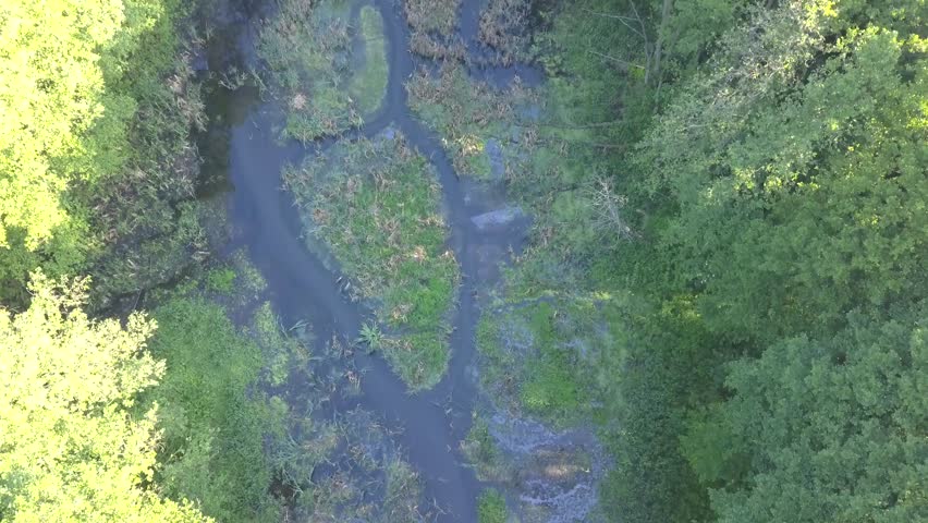 Aerial shot of small, curvy river. Small river seen from above in spring light.