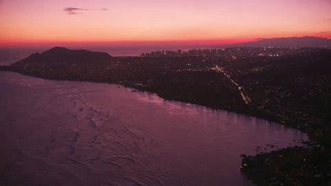 Honolulu, Oahu, Hawaii circa-2018. Aerial view of Honolulu at sunset. Shot with Cineflex and RED Epic-W Helium.