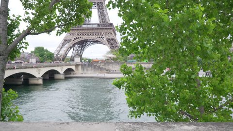 Tree leaves blowing on the River Seine near the Eiffel Tower in Paris. View of historic French monument across Pont dIena