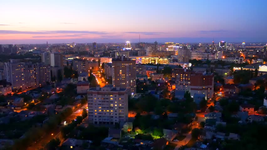 Aerial view from rooftop of night city Voronezh, panorama cityscape, toned | Shutterstock HD Video #1011785423
