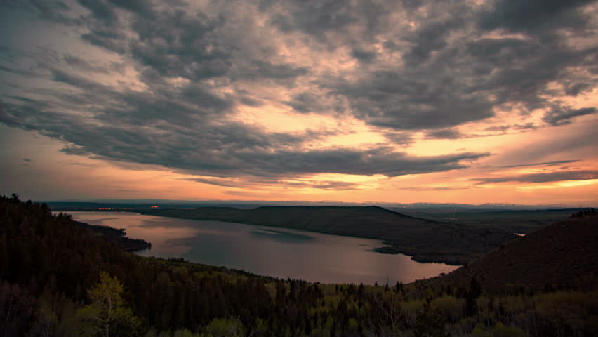 Colorful time lapse at dusk overlooking Fremont Lake in Wyoming as the light fades in the evening.