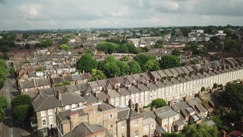 Low altitude drone flight over South West London Rooftops in England, May 2018.