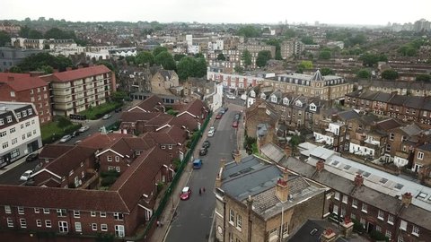 Low altitude drone flight over South West London Rooftops in England, May 2018.