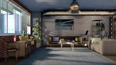 Modern urban living room interior with sofas, brickwork, concrete wall, ventilation stack and panoramic window in loft style flat at daytime. Concept design 3D animation rendered in 4K