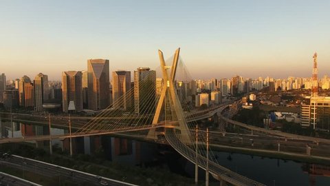 Drone view of the Octávio Frias de Oliveira Bridge, built in 2008, over the Pinheiros River - the cable-stayed bridge is a São Paulo landmark, in Brazil's biggest city