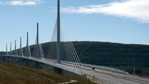 The Millau Viaduct over the River Tarn gorge valley near Millau in southern France. The bridge carries road traffic on the A75 autoroute.