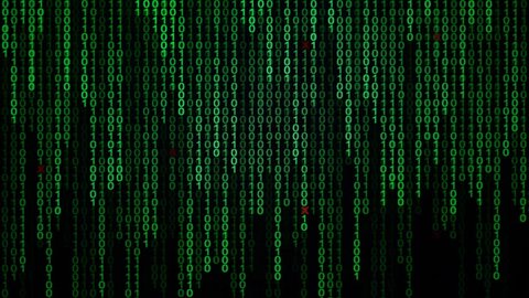 Binary code black and green background with digits moving on screen, Concept of digital age. Algorithm binary, hud interface, data code, decryption and encoding, row matrix background.