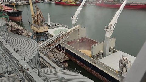 Panorama of ship loading grain crops on bulk freighter via trunk to open cargo holds at silo terminal in seaport. Cereals bulk transshipment to vessel. Transportation of agricultural products.