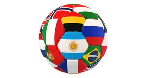 Soccer ball with flags rotating, 3D rendering isolated on white background
