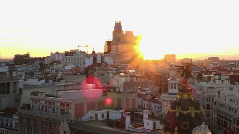 Madrid observation deck Gran Via Metropolis sunset panorama 4k, real time