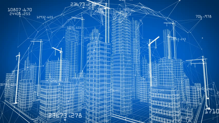 Beautiful 3d Blueprint of Contemporary Buildings with Cranes inside Network. Flying Over Growing City Project. Blue color 3d animation. Construction Business and Technology Concept. 4k UHD 3840x2160. Royalty-Free Stock Footage #1011825476