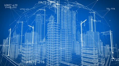 Beautiful 3d Blueprint of Contemporary Buildings with Cranes inside Network. Flying Over Growing City Project. Blue color 3d animation. Construction Business and Technology Concept. 4k UHD 3840x2160.