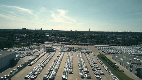 Aerial shot of big new car warehouse