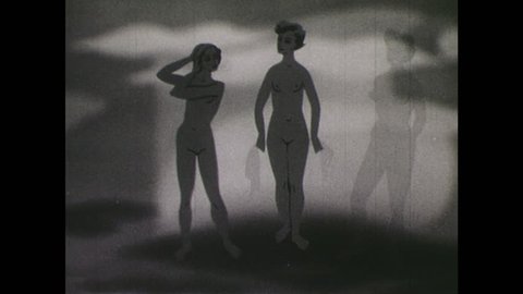 1940s: Illustration of naked girl and two naked women. Midriff of woman. X-ray view of woman's bones.