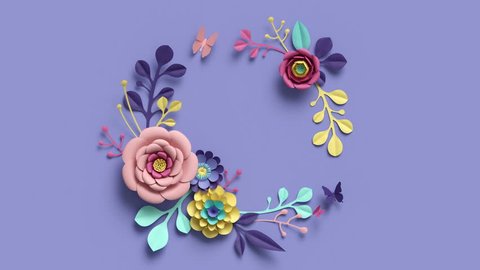 3d render, round floral wreath, growing nature, violet background, paper flowers, blooming botanical pattern, bridal bouquet, papercraft, pastel colors, 4k animation