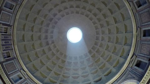 Rome Italy Pantheon dome footage panning around the oculus showing the sky and the dome roof  this concrete coffered dome is poured into moulds the building is a popular tourist attraction in Rome