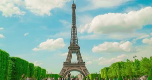 Paris, Eiffel Tower (Tour Eiffel) - Timelapse Day Scene, sunny day, Paris, France.