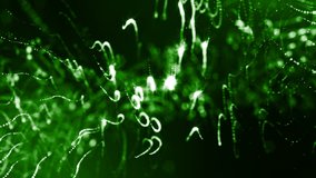 4k 3d render of glow particles as abstract seamless dynamic background with depth of field and bokeh. Science fiction or microcosm, space or digital abstract space. 3d loop animation. Green strings 24
