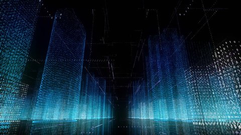 Future collection fly city space abstract infographics wireframe buildings background seamless looping
