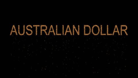 Currency name AUSTRALIAN DOLLAR appears from the sand, then crumbles. Alpha channel Premultiplied - Matted with color black