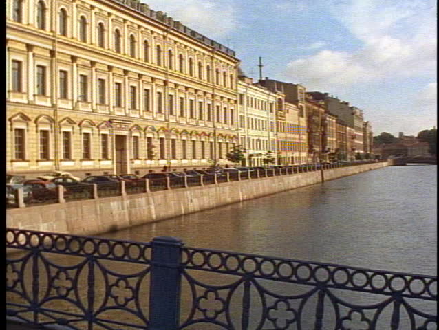 RUSSIA, 1999, St. Petersburg, Russia, canal, buildings, pan right
